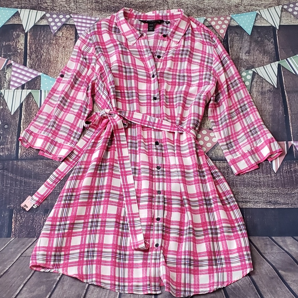 Silk Plaid Shirtdress with Belt
